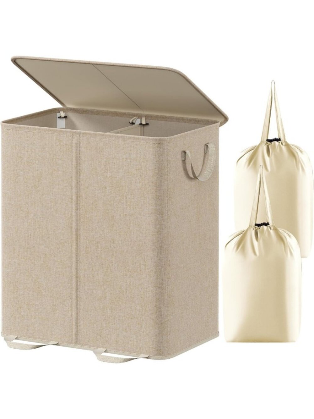Beige Double Laundry Hamper with Lid & Removable Bags - Stylish & Functional